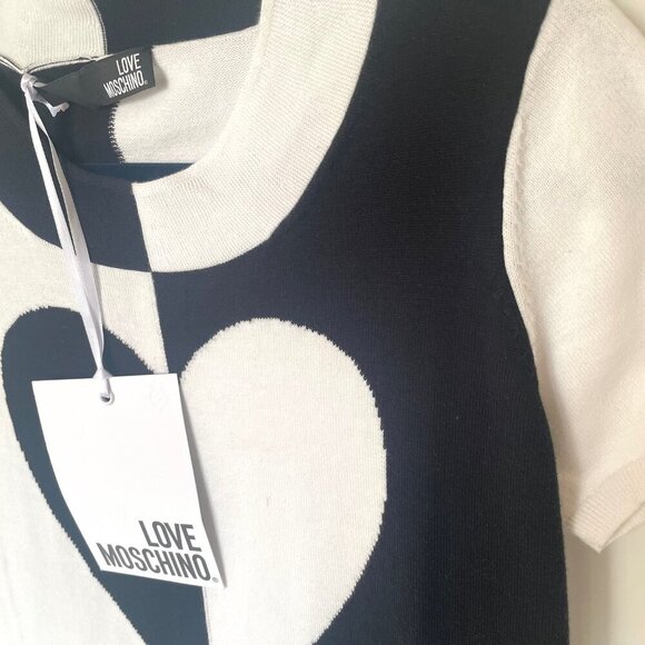 Love Moschino Mini Sweater Dress 8 Black Cotton Logo Black White Heart IT40 - Picture 4 of 9